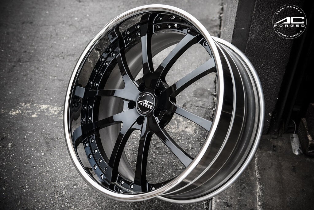 22" Staggered AC Forged Wheels AC F711 Black Face with Chrome Lip Three Piece Rims