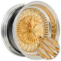 13x5.5" LA Wire Wheels Reverse Diamond Cut 100-Spoke Straight Lace American Gold Triple Plating Center with Chrome Lip Rims