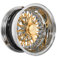 14x6" LA Wire Wheels Reverse 72-Spoke Cross Lace Chrome with American Gold Triple Plating Spokes and Knock-Off Rims