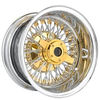 15x7" LA Wire Wheels Reverse Gold/Chrome 72-Spoke Cross Lace American Gold Triple Plating with Chrome and Gold Heavy Duty Knock-Off Rims