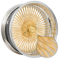 22x8" LA Wire Wheels Reverse Diamond Cut 150-Spoke Straight Lace American Gold Triple Plating Center with Chrome Lip Rims