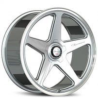 24" Giovanna Wheels Cinque Gloss Silver with Polished Lip Flow Formed Spindle Cap Rims