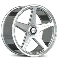 22" Staggered Giovanna Wheels Cinque Gloss Silver with Polished Lip Flow Formed Spindle Cap Rims