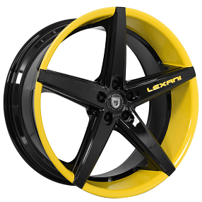 20" Staggered Lexani Wheels R-Four Custom Gloss Black with Yellow Accents Rims