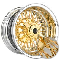 14x7" LA Wire Wheels Reverse Diamond Cut 72-Spoke Cross Lace Chrome with American Gold Triple Plating Center with Gold Heavy Duty Knock-Off Rims