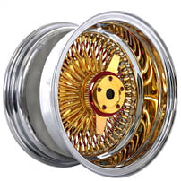 13x7" LA Wire Wheels Reverse 100-Spoke Straight Lace Gold and Red Spoke with Chrome Lip Rims