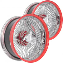 20x8" LA Wire Wheels Staggered Standard/Reverse 150-Spoke Straight Lace Chrome with Red Accents Rims 