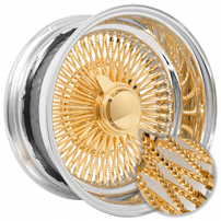 13x7" LA Wire Wheels Reverse Diamond Cut 100-Spoke Straight Lace American Gold Triple Plating Center with Chrome Lip Rims