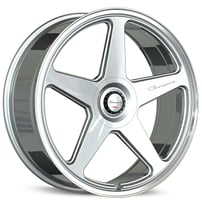 26" Giovanna Wheels Cinque Gloss Silver with Polished Lip Flow Formed Spindle Cap Rims