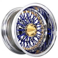 13x7" LA Wire Wheels Reverse 72-Spoke Cross Lace Blue Spoke with American Gold Triple Plating Nipple and Chrome Lip Rims