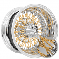 14x7" LA Wire Wheels Reverse Diamond Cut 72-Spoke Cross Lace Chrome with American Gold Triple Plating Spokes Rims