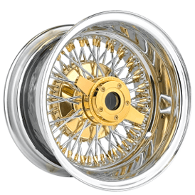 15x7" LA Wire Wheels Reverse 72-Spoke Cross Lace Chrome with Gold Accents Heavy Duty Knock-Off Rims