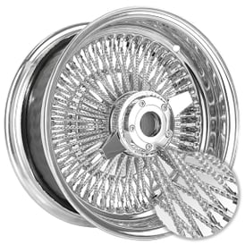 14x7" LA Wire Wheels Reverse Diamond Cut 100-Spoke Straight Lace Chrome with Chrome Heavy Duty Knock-Off Rims