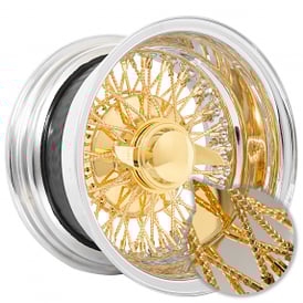 14x7" LA Wire Wheels Reverse Diamond Cut 72-Spoke Cross Lace Chrome with American Gold Plating Center Rims