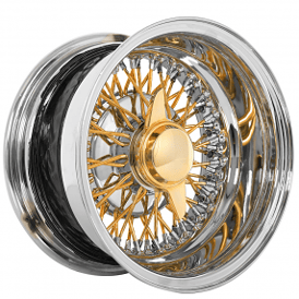 14x7" LA Wire Wheels Reverse 72-Spoke Cross Lace Chrome with American Gold Plating Spokes and Knock-Off Rims