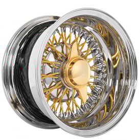 13x7" LA Wire Wheels Reverse 72-Spoke Cross Lace Chrome with American Gold Plating Spokes and Knock-Off Rims