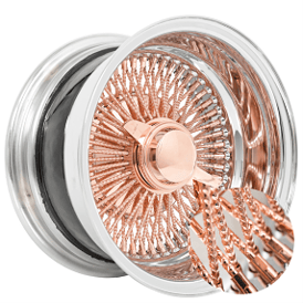 13x7" LA Wire Wheels Reverse Diamond Cut 100-Spoke Straight Lace Rose Gold Center with Chrome Lip Rims