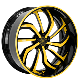 21" Lexani Forged Wheels LF-779 Kratos Gloss Black with Yellow Face and Pin Stripe Lip Rims