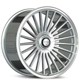 20" Staggered Koko Kuture Wheels Parlato Gloss Silver with Polished Lip Flow Formed Spindle Cap Rims