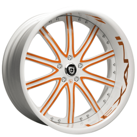 21" Staggered Lexani Forged Wheels LF-709 Gloss White with Orange Accents and Lettering on Lip Rims