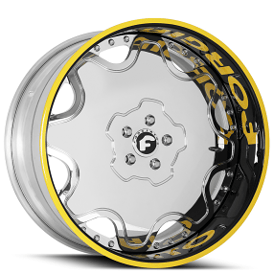 19" Forgiato Wheels Fiore Chrome with Black Lip and Yellow Stripe and Lettering Forged Rims 