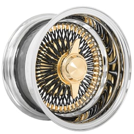 14x7" LA Wire Wheels Reverse 100-Spoke Straight Lace Black Spokes with Gold Accents and Chrome Lip Rims 