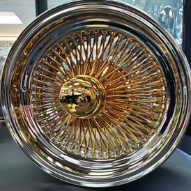 15x7" LA Wire Wheels Standard 100-Spoke Straight Lace American Gold Plating Face and Knock-Off with Chrome Lip Rims