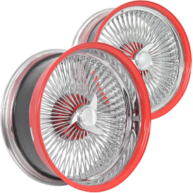 20x8" LA Wire Wheels Staggered Standard/Reverse 150-Spoke Straight Lace Chrome with Red Accents Rims 