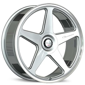 24" Giovanna Wheels Cinque Gloss Silver with Polished Lip Flow Formed Spindle Cap Rims