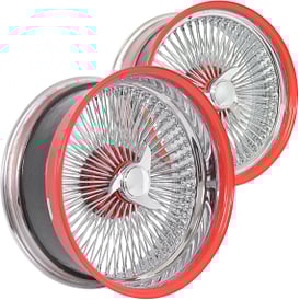 22x8" LA Wire Wheels Staggered Standard/Reverse 150-Spoke Straight Lace Chrome with Red Accents Rims 