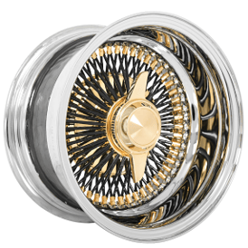 13x7" LA Wire Wheels Reverse 100-Spoke Straight Lace Black Spokes with Gold Accents and Chrome Lip Rims 