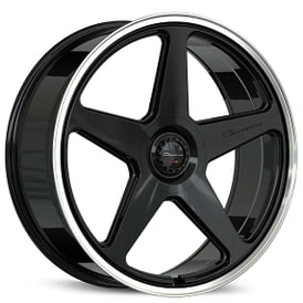 24" Staggered Giovanna Wheels Cinque Gloss Black with Polished Lip Flow Formed Spindle Cap Rims