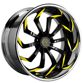 19" Staggered Lexani Forged Wheels LF-770 Static Gloss Black Face with Yellow Tips and Chrome Lip Rims