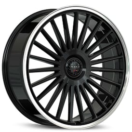 24" Koko Kuture Wheels Parlato Gloss Black with Polished Lip Flow Formed Spindle Cap Rims