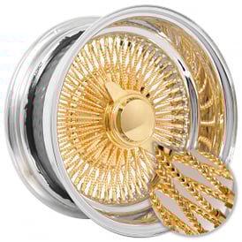 14x7" LA Wire Wheels Reverse Diamond Cut 100-Spoke Straight Lace American Gold Plating Center with Chrome Lip Rims
