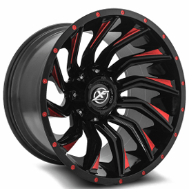 22" XF Off-Road Wheels XF-224 Gloss Black with Red Milled Rims 