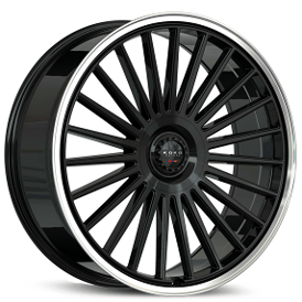 24" Staggered Koko Kuture Wheels Parlato Gloss Black with Polished Lip Flow Formed Spindle Cap Rims