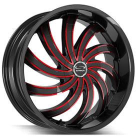 20" Strada Wheels Flame Gloss Black with Candy Red Milled Rims