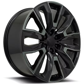 22" GM Split 6 Spoke Wheels FR 207 Gloss Black Machined Face with Dark Clear Coat and Satin Black Inserts OEM Replica Rims