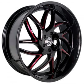 22" Elegance Wheels Magic Gloss Black with Candy Red Milled and Gloss Black Lip Rims