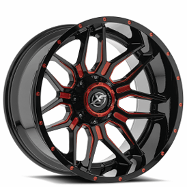 20" XF Off-Road Wheels XF-222 Gloss Black with Red Milled Rims  