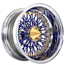 13x7" LA Wire Wheels Reverse 72-Spoke Cross Lace Blue Spoke with American Gold Plating Nipple and Chrome Lip Rims