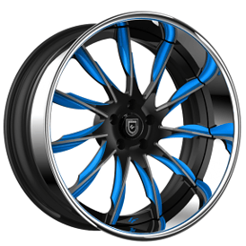 22" Staggered Lexani Forged Wheels LF-747 Viper Black with Blue and Grey Accents Face and Chrome Lip Rims