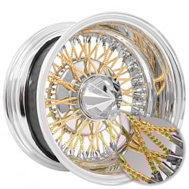 14x7" LA Wire Wheels Reverse Diamond Cut 72-Spoke Cross Lace Chrome with American Gold Plating Spokes Rims