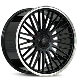 21" Staggered Gianelle Wheels Aria Gloss Black with Polished Lip Flow Formed Spindle Cap Rims