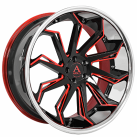 22" Staggered Azad Wheels AZ1101 Custom Gloss Black with Red Accents and Chrome SS Lip Rims 