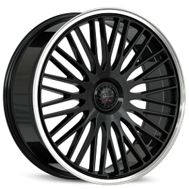 24" Staggered Gianelle Wheels Aria Gloss Black with Polished Lip Flow Formed Spindle Cap Rims