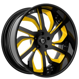 20" Staggered Lexani Forged Wheels LF-738 Regal Black with Yellow Accents Rims