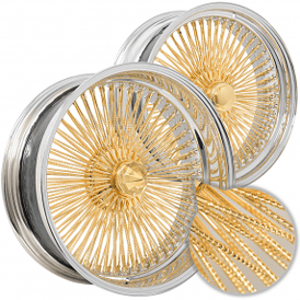 20x8" LA Wire Wheels Staggered Standard/Reverse Diamond Cut 150-Spoke Straight Lace American Gold Plating Center with Chrome Lip Rims