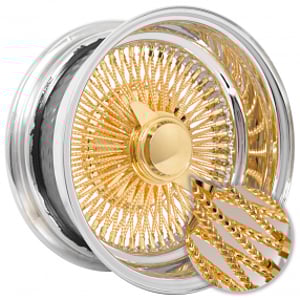 14x7" LA Wire Wheels Reverse Diamond Cut 100-Spoke Straight Lace American Gold Plating Center with Chrome Lip Rims